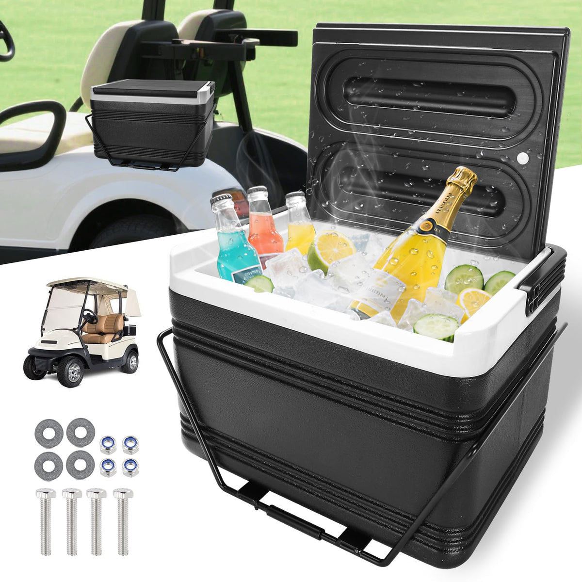 Roykaw 8L golf cart cooler mounted for easy access to cold drinks.