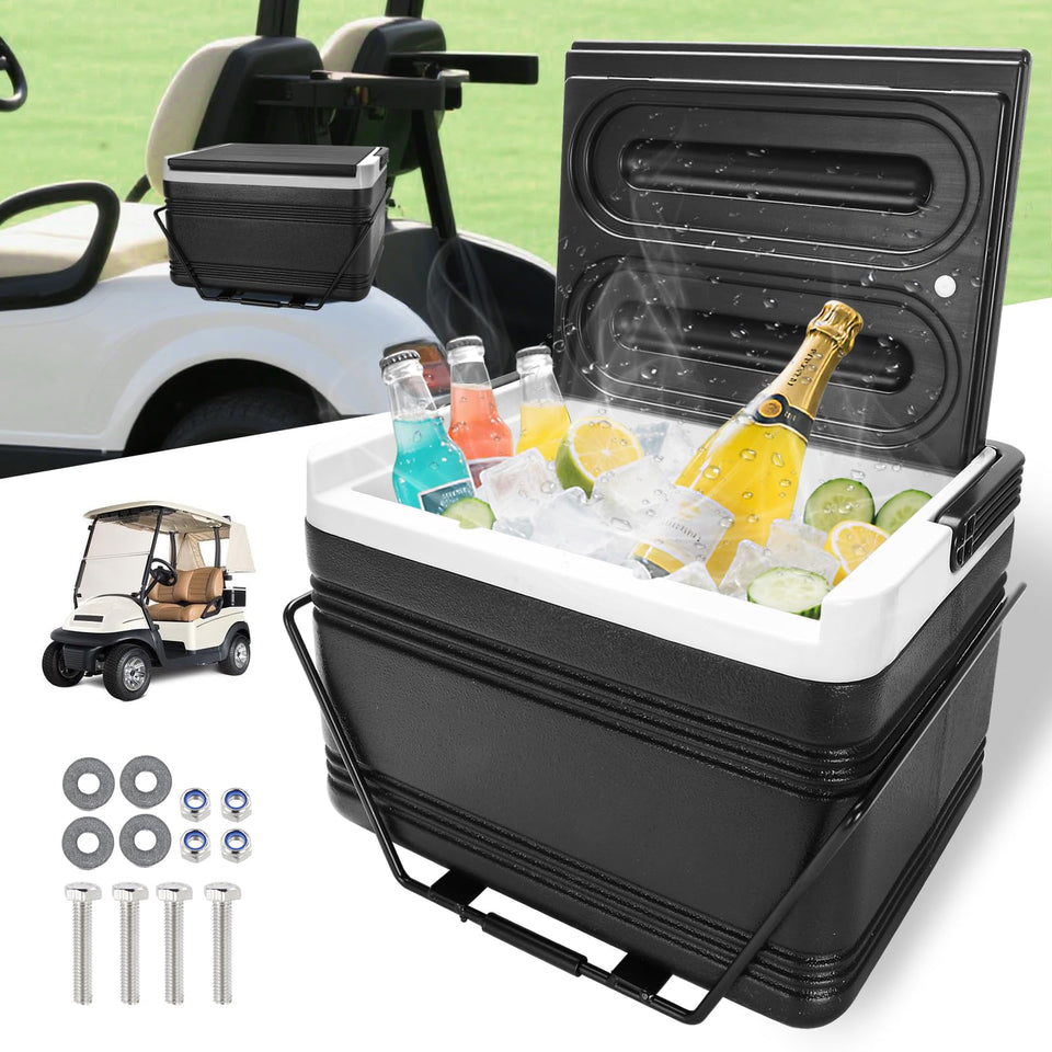 Roykaw 8L golf cart cooler mounted for easy access to cold drinks.