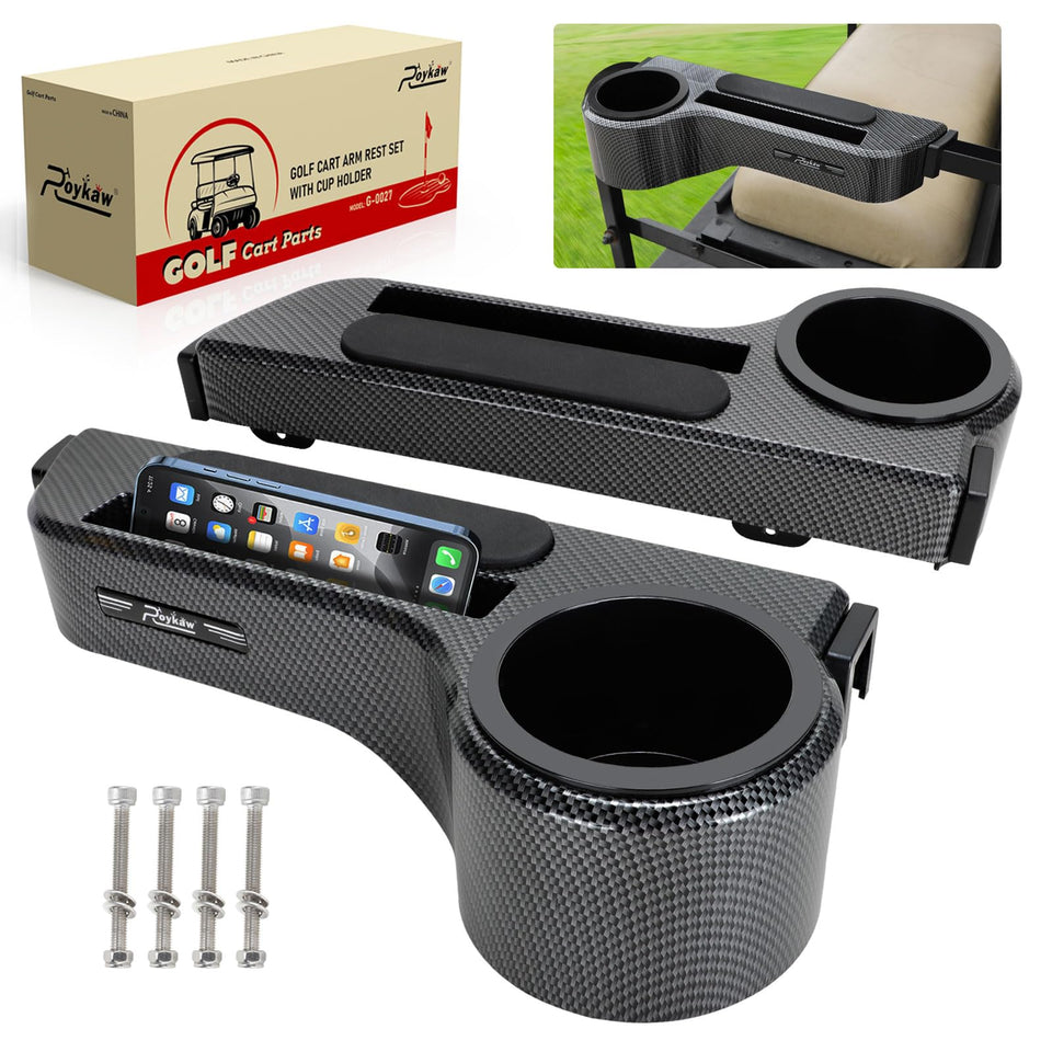Roykaw armrest with cup holder installed on EZGO frame for convenient drinks