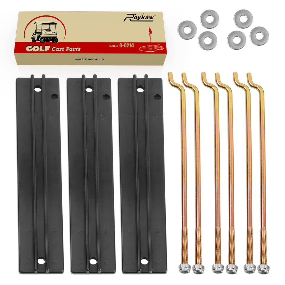 Roykaw hold-down plate on golf cart battery tray provides stability.