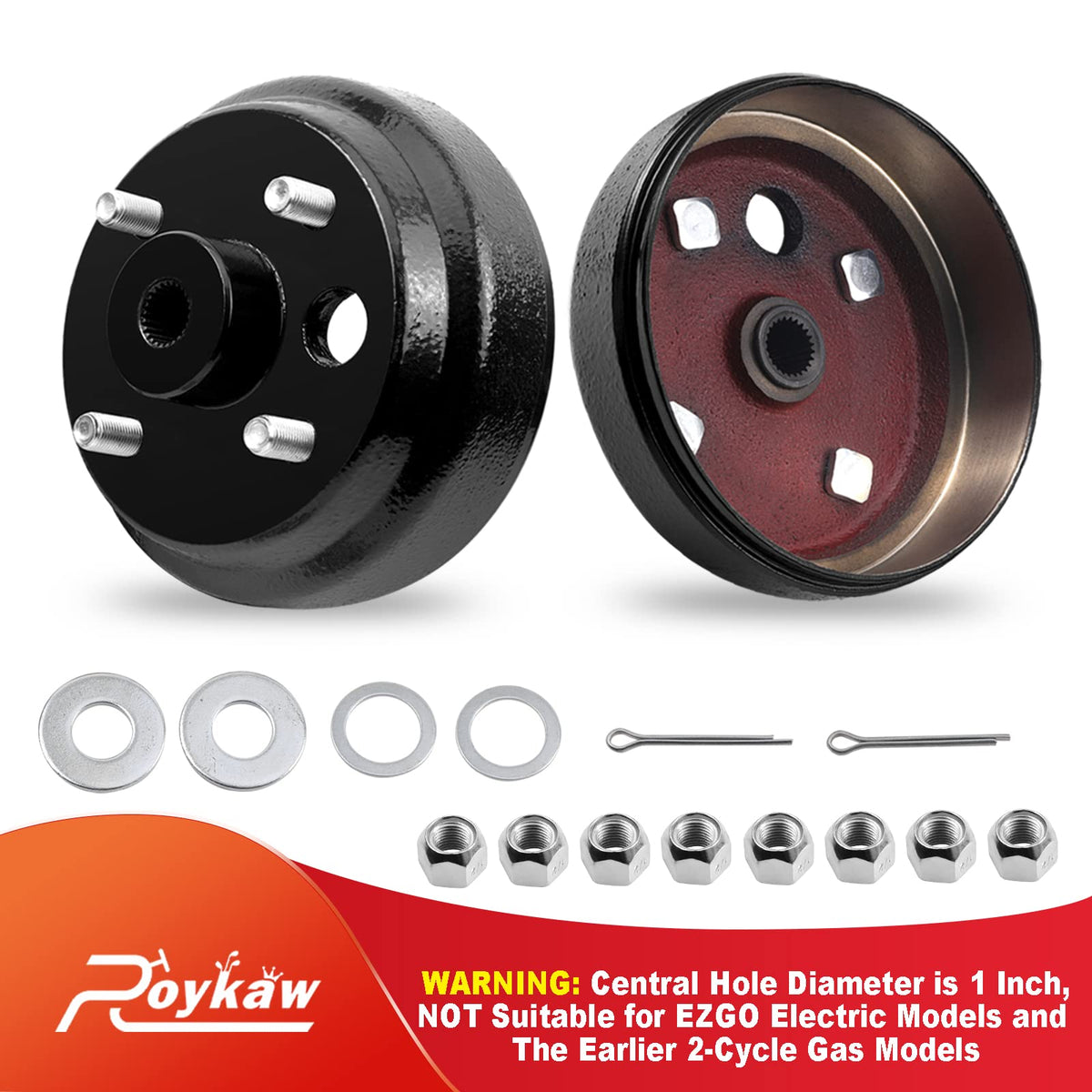 Roykaw brake hub drum with 4 studs for EZGO 4-cycle gas models.