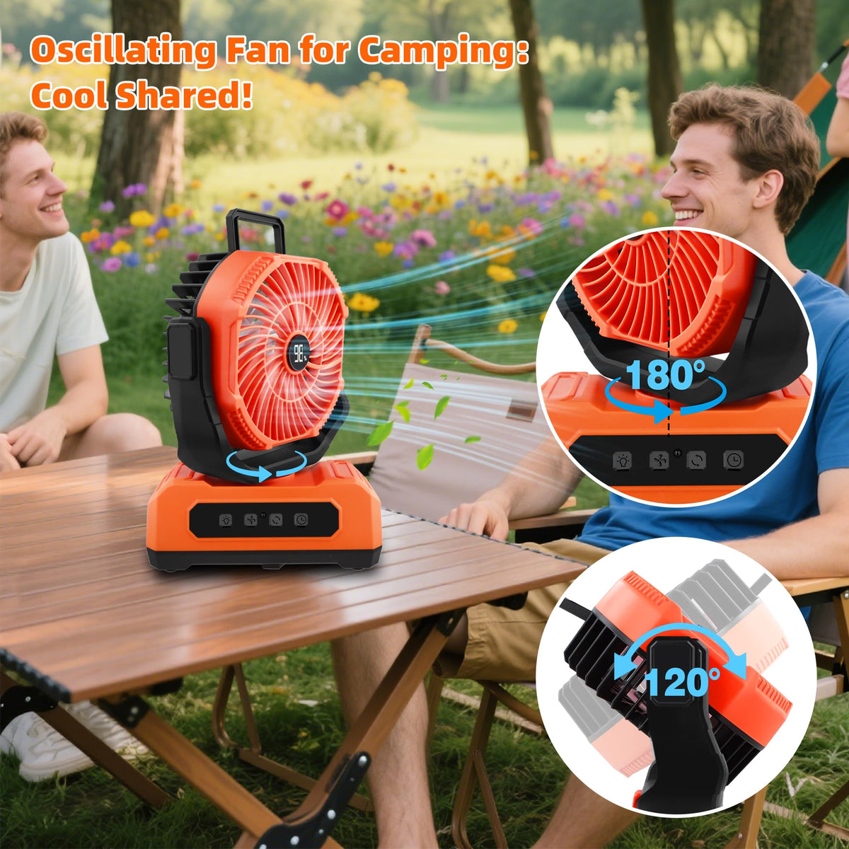 Roykaw camping fan demonstrates 180-degree oscillation to cool entire space