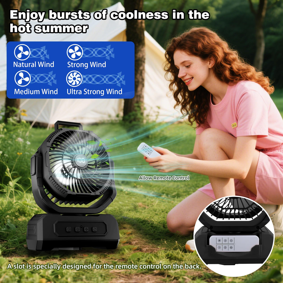 Roykaw camping fan with 180° oscillation delivers even airflow.