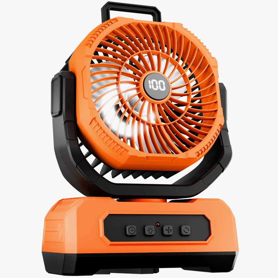 Roykaw camping fan battery level display shows remaining charge for planning recharges