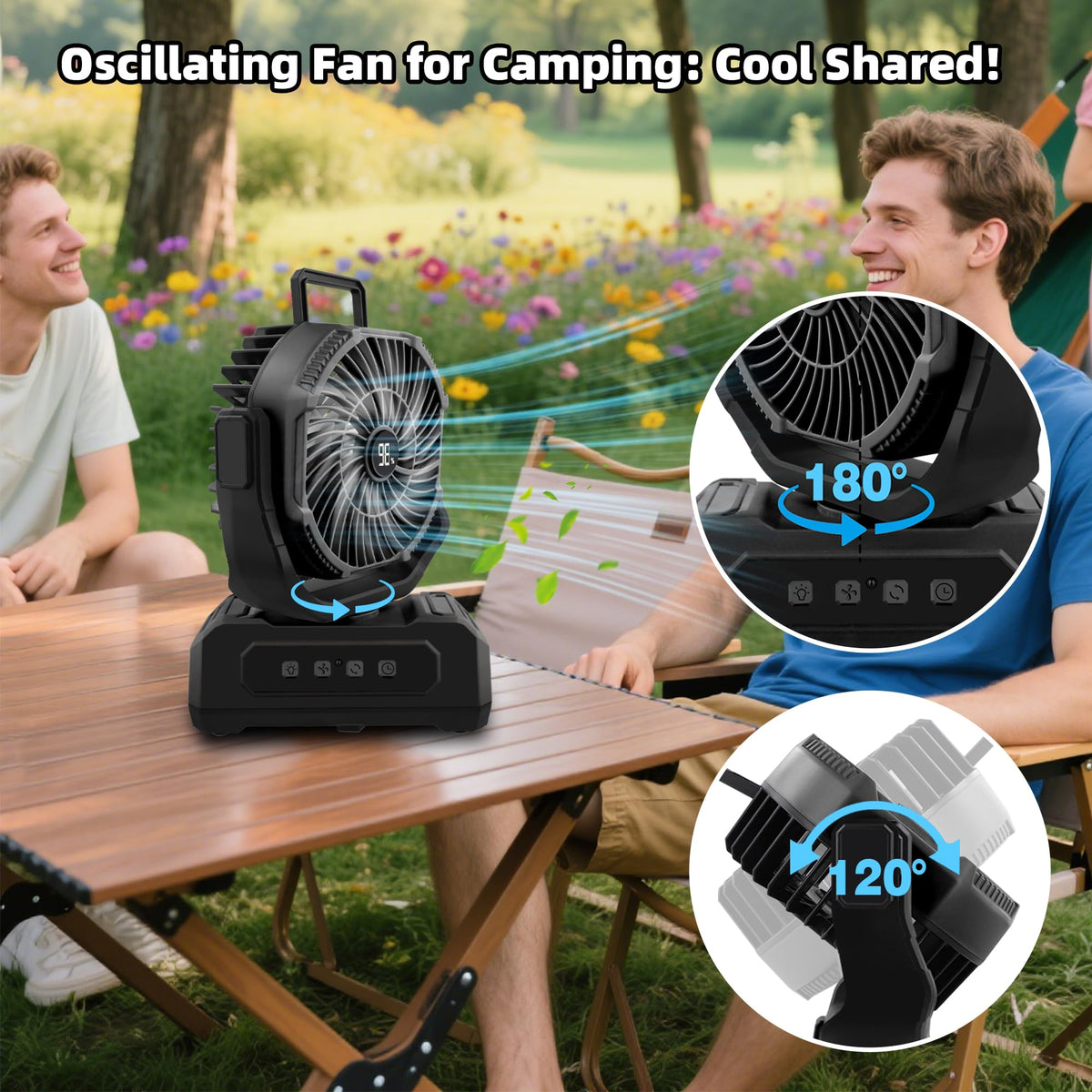 Roykaw camping fan battery level display helps plan recharging.