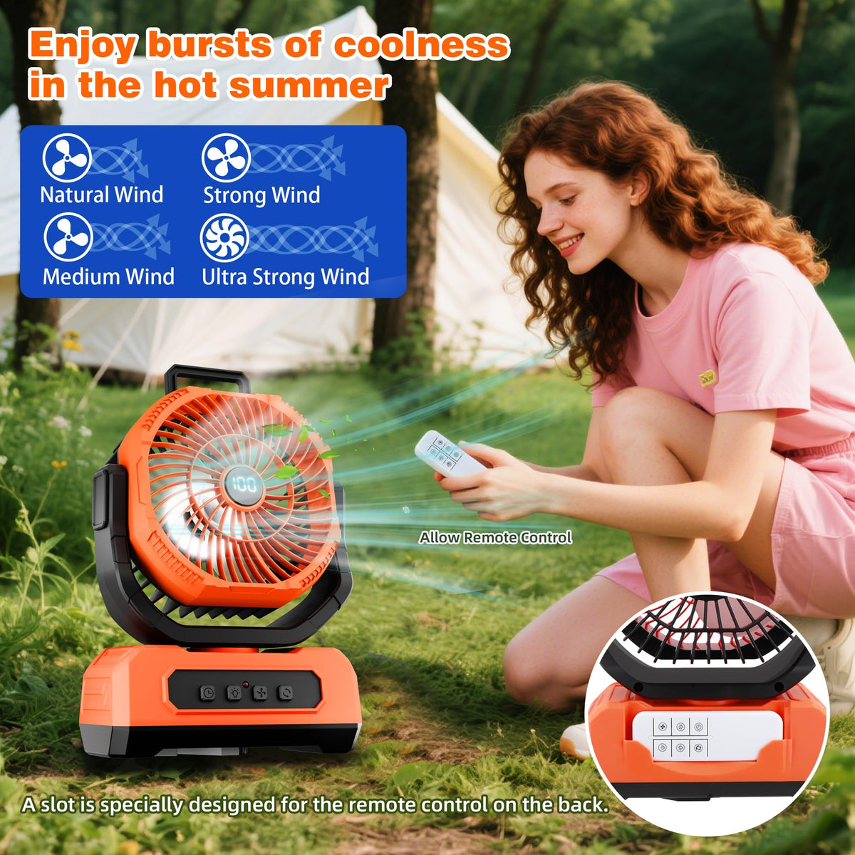 Roykaw camping fan features colorful LED lights for ambient lighting in tent or room
