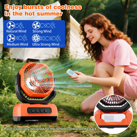 Roykaw camping fan features colorful LED lights for ambient lighting in tent or room