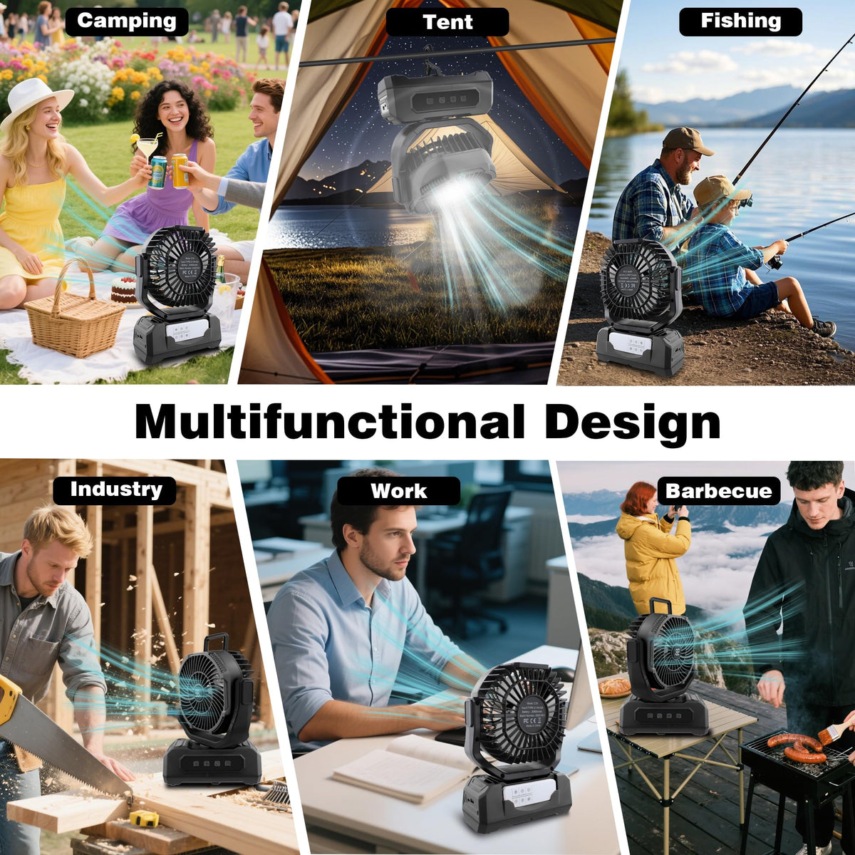 Roykaw camping fan remote control adjusts speed and LEDs from distance.