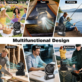 Roykaw camping fan remote control adjusts speed and LEDs from distance.