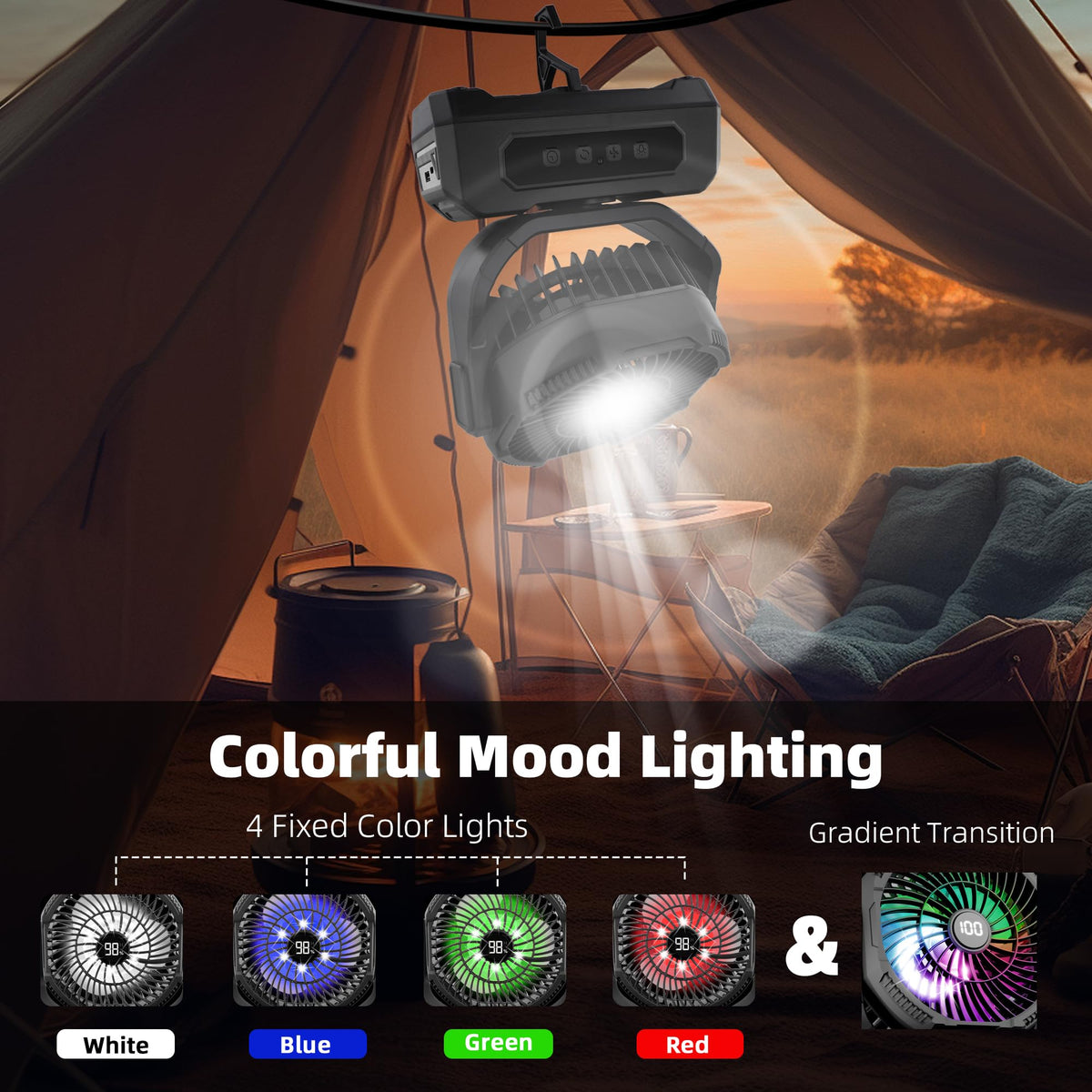 Roykaw camping fan timer function enables energy-saving setup.