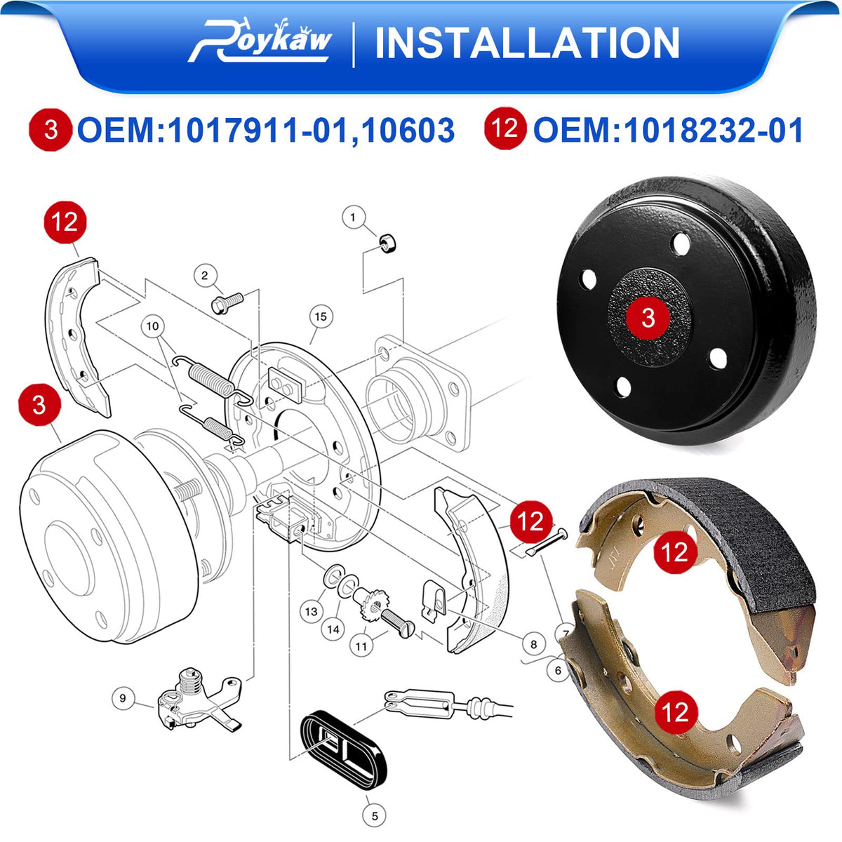 Roykaw brake drum for Club Car DS, side view, durable construction