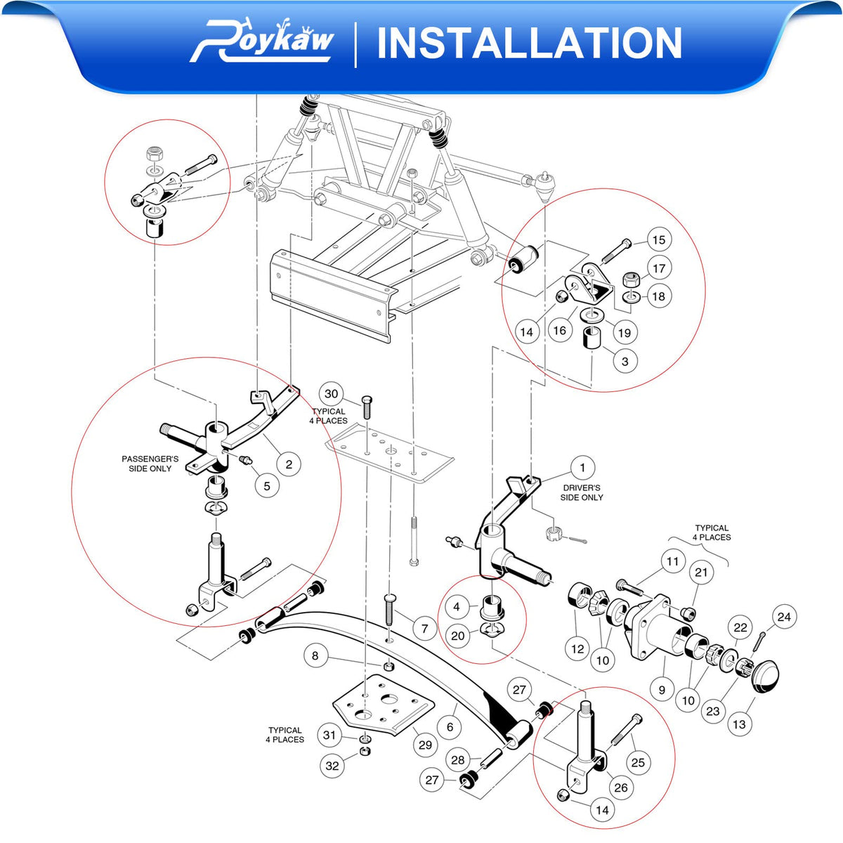 Roykaw A-arm bushing kit for Club Car DS reduces play and vibration.