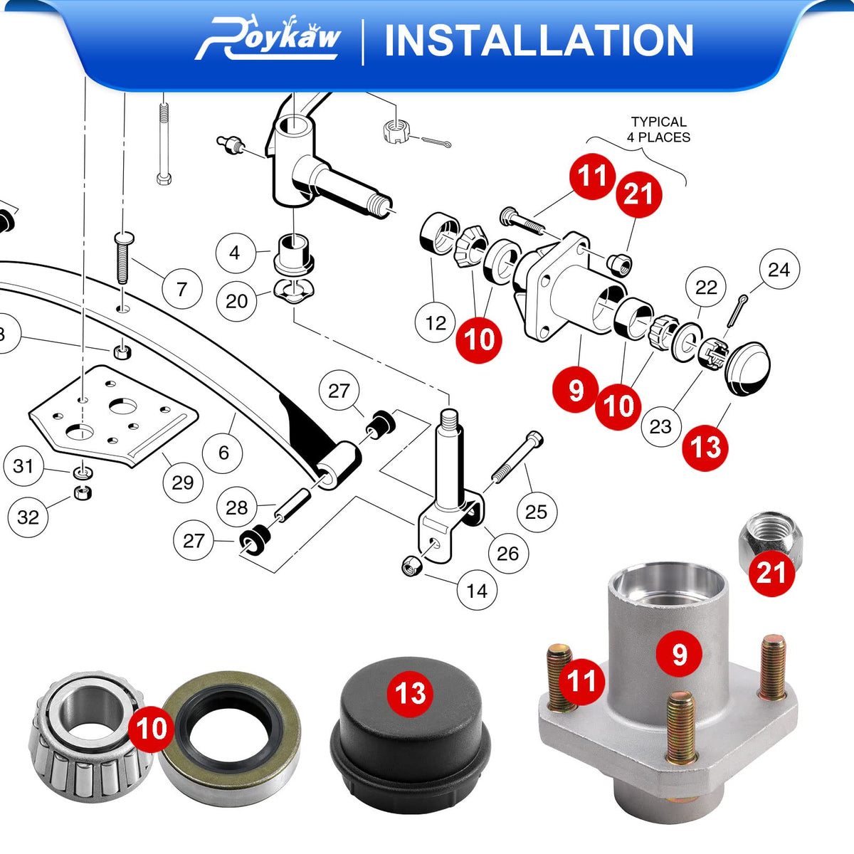 Close-up of Roykaw hub assembly showing bearings and aluminum housing