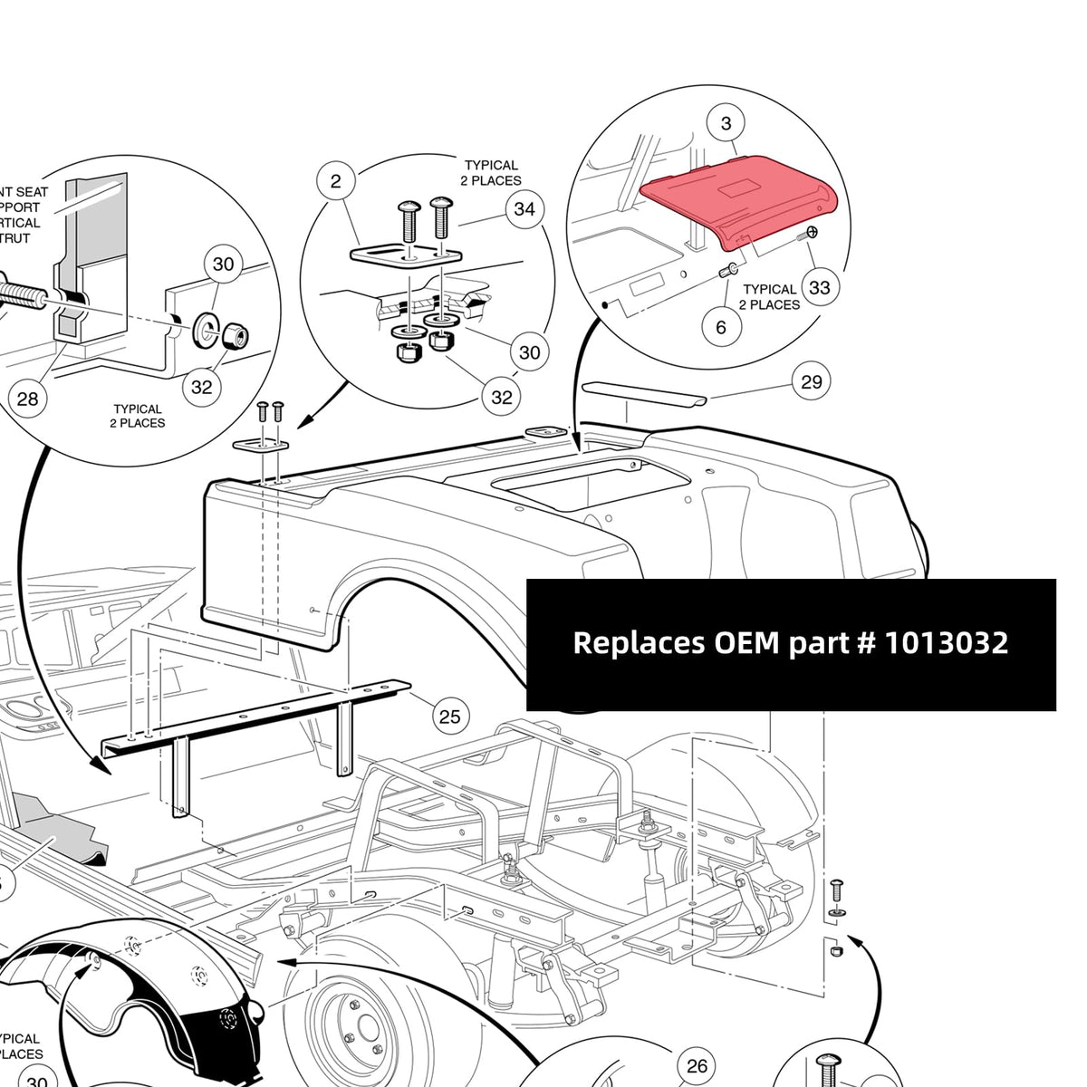 Roykaw Club Car DS models-compatible rear panel for easy maintenance.