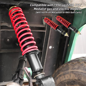 Coil-over design close-up reveals sturdy build for durable performance.