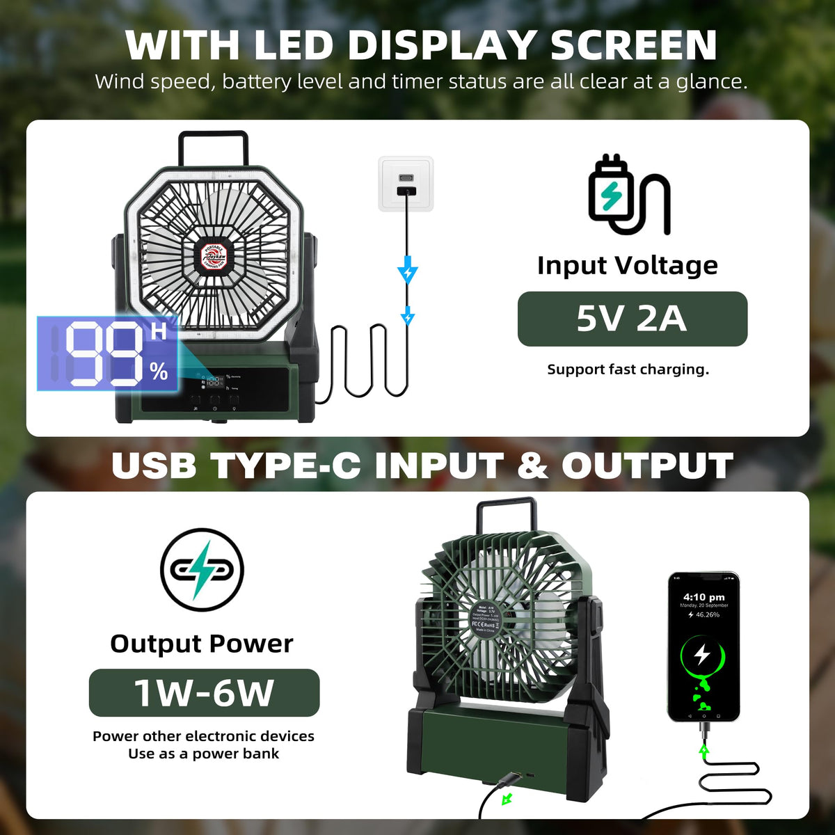 Roykaw cordless travel fan with hang hook for easy camping setup.