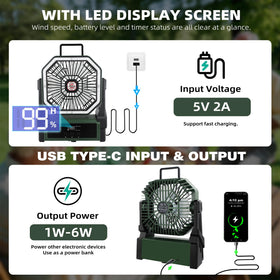 Roykaw cordless travel fan with hang hook for easy camping setup.
