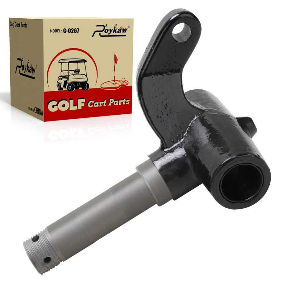 Roykaw driver-side spindle for EZGO TXT 2001-up, showing durable forged steel construction.