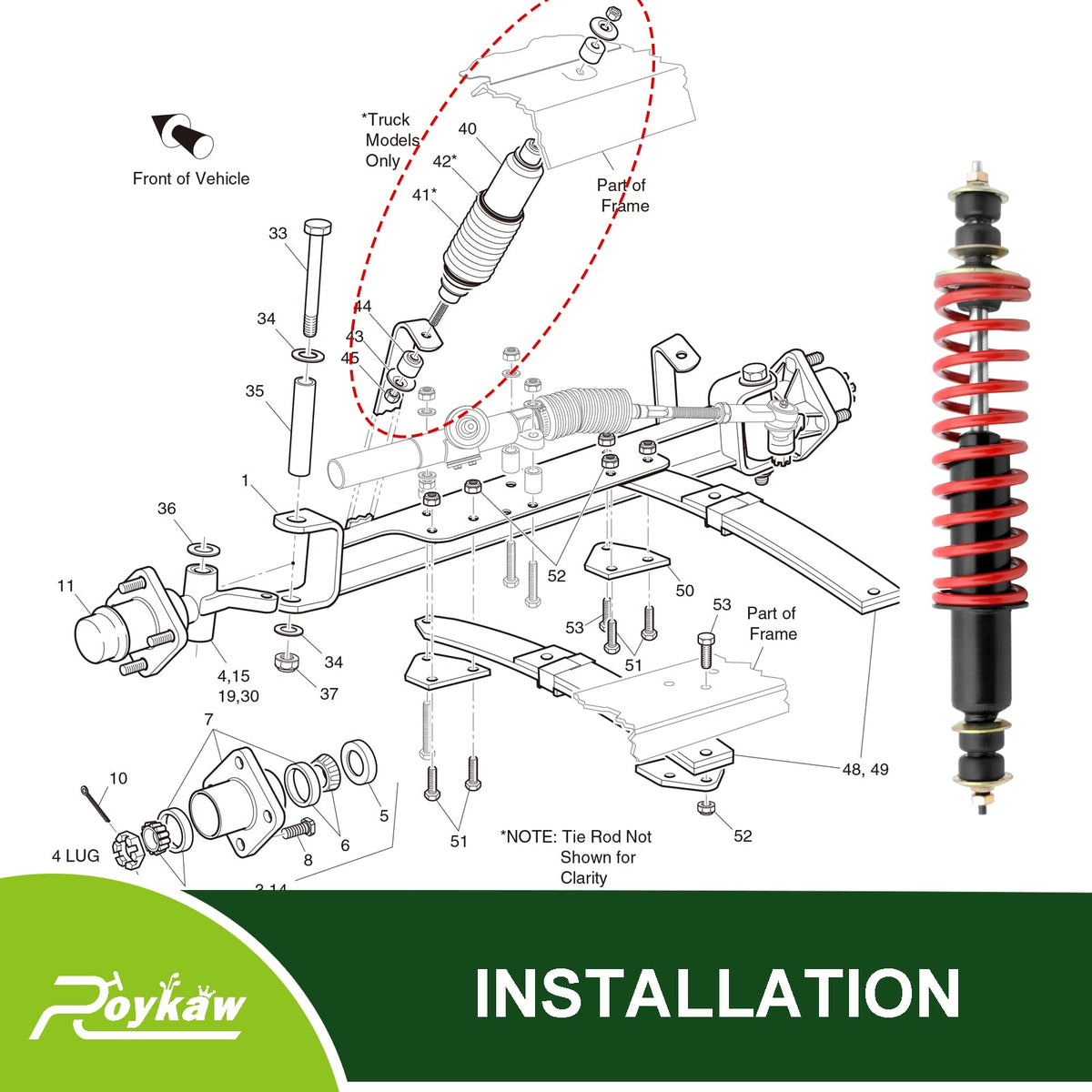 Roykaw EZGO front suspension visualization for improved handling.