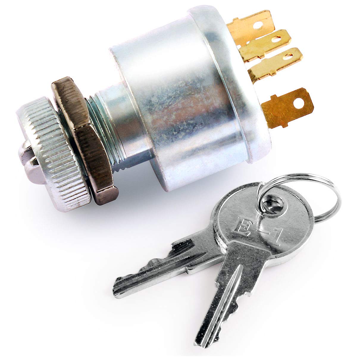 Roykaw EZGO ignition switch close-up shows four terminals for versatile wiring.