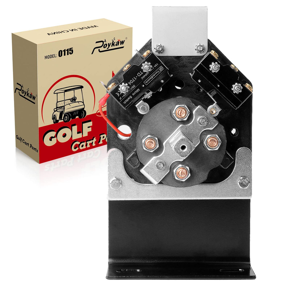 Roykaw EZGO Marathon forward-reverse switch assembly front view, durable construction for reliable cart control.