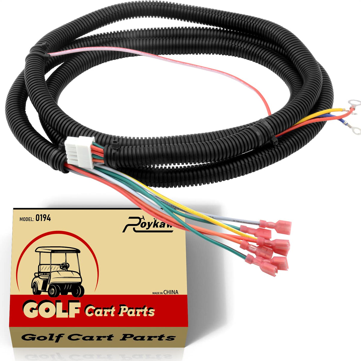 Roykaw EZGO PDS harness front view shows plug-and-play compatibility for 36/48V golf carts.