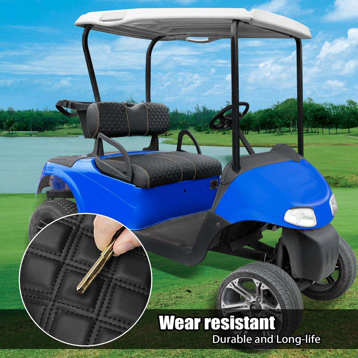 Roykaw EZGO RXV seat cover easy installation with adjustable straps.