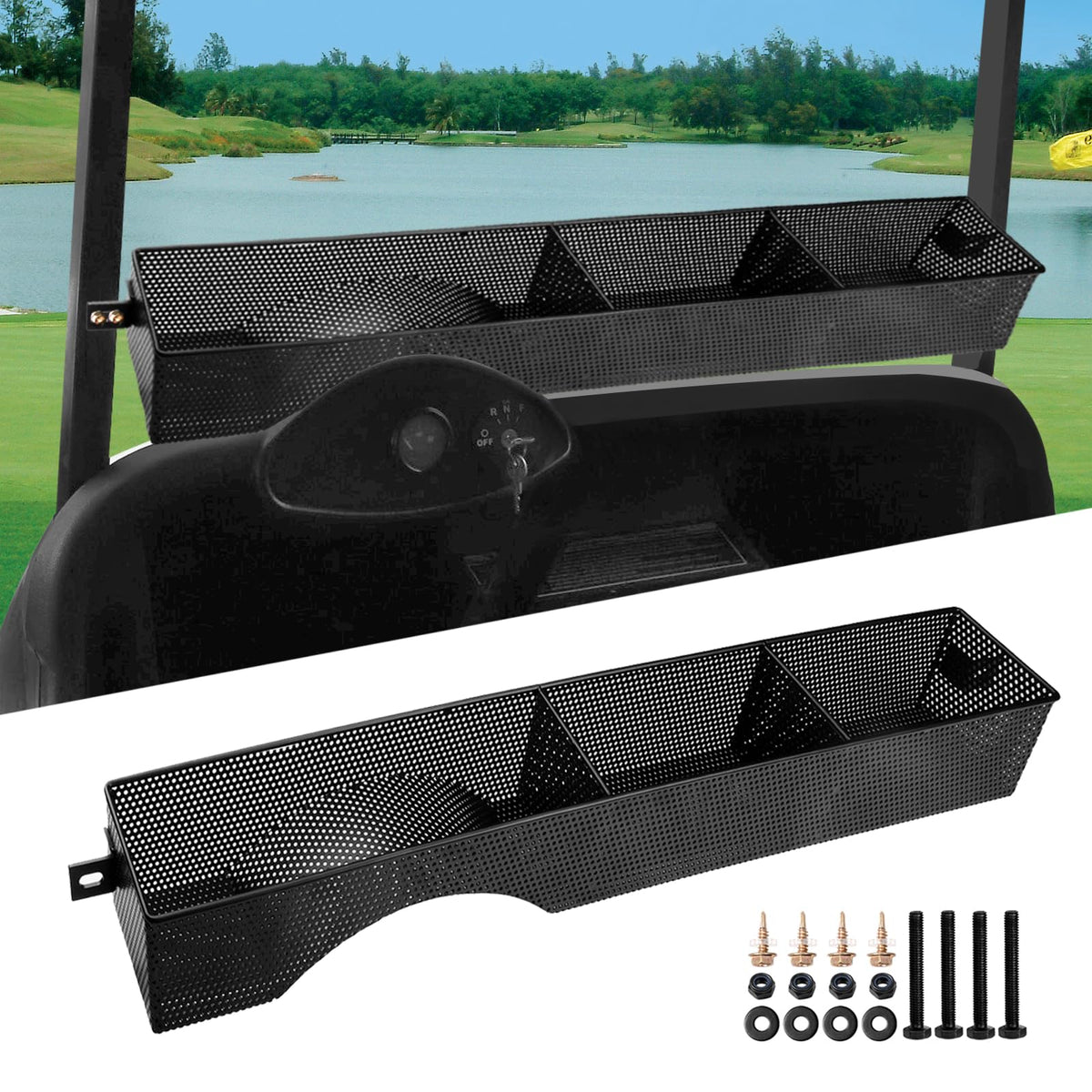 Roykaw EZGO RXV front basket tray keeps essentials within easy reach on the course
