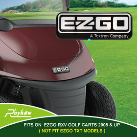 Roykaw front emblem on EZGO RXV designed for durable, outdoor use.