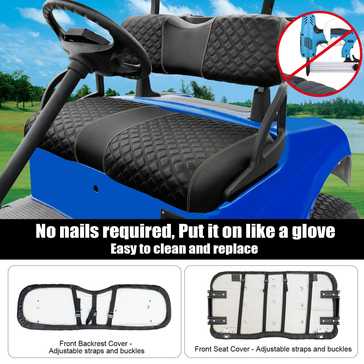 Roykaw EZGO RXV seat cover panel close-up with square stitching and anti-slip texture.
