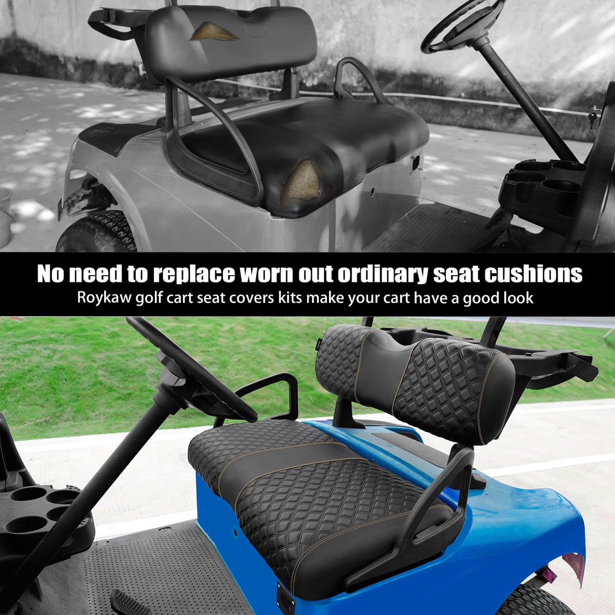 Roykaw golf cart seat upgrade delivers a luxurious look without removing cushion.