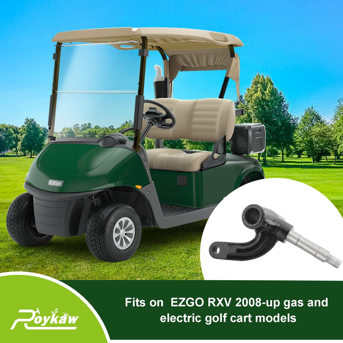 Roykaw golf cart spindle in use on EZGO RXV for reliable travel.