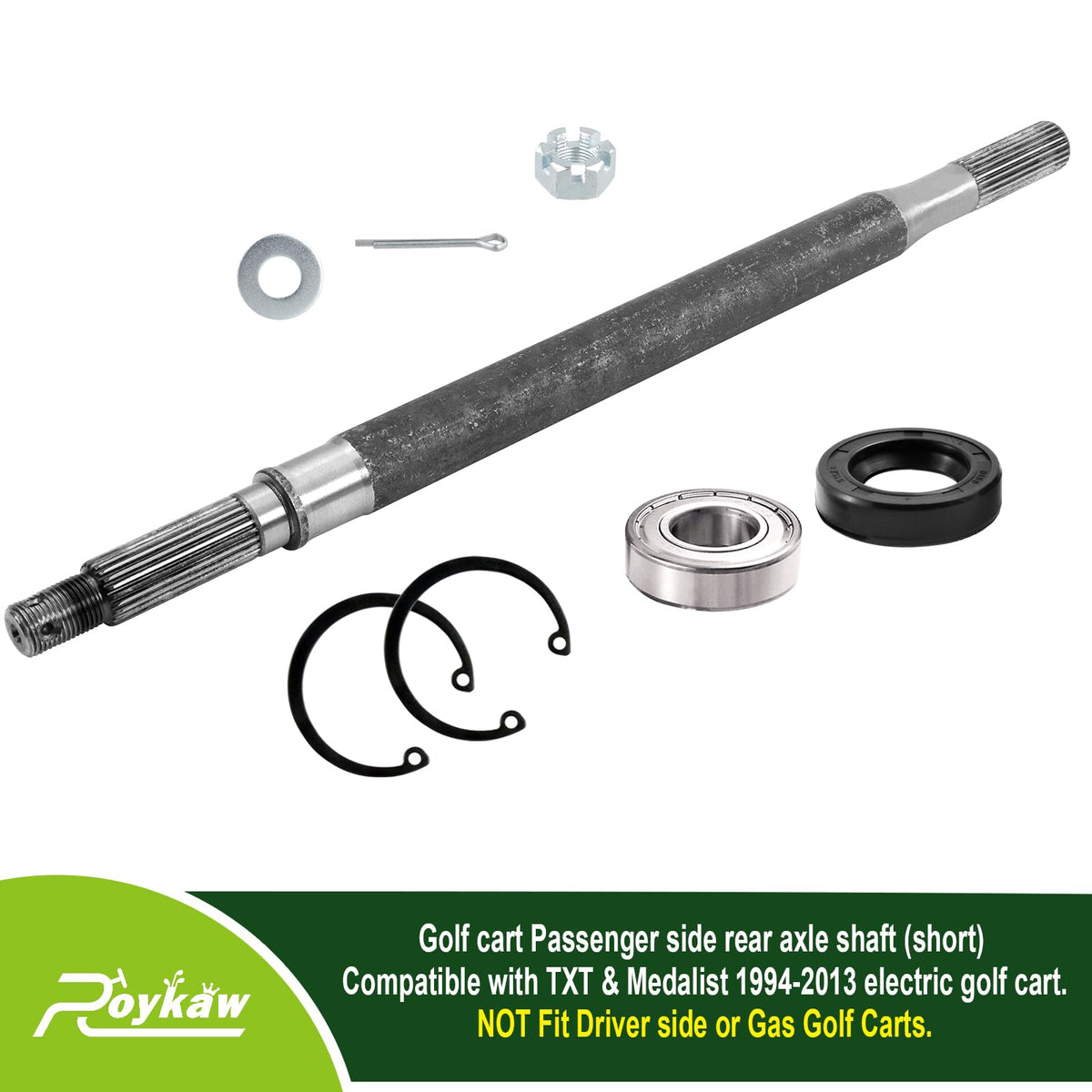 Roykaw axle kit includes seals, bearing, and snap rings for complete maintenance.