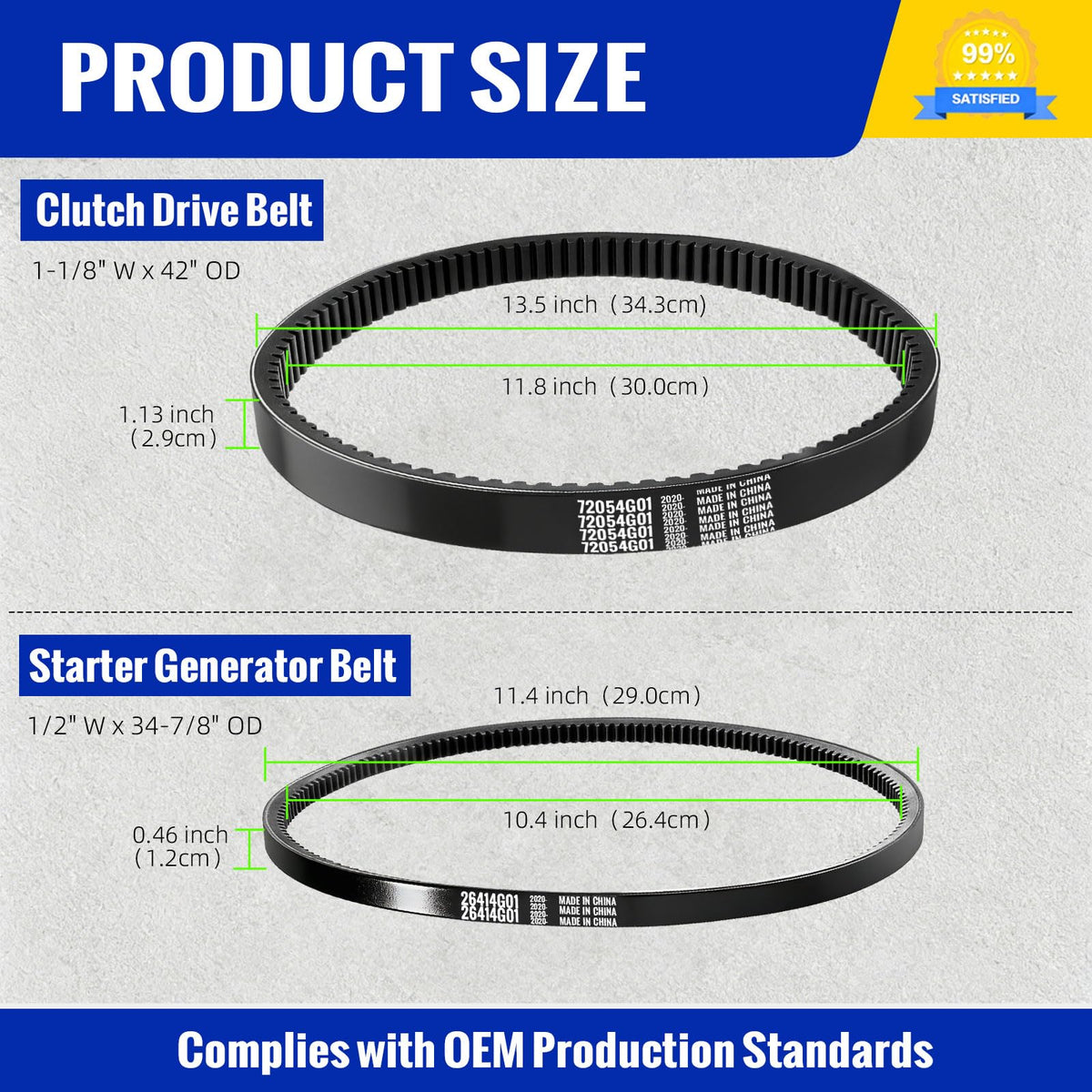 ROYKAW EZGO TXT dimension guide showing belt sizes
