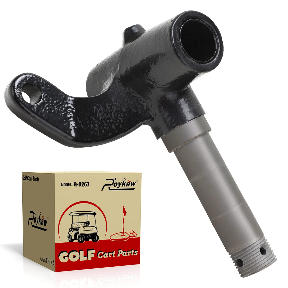 Roykaw EZGO TXT driver-side spindle enhances steering compatibility for 2001 and newer carts.