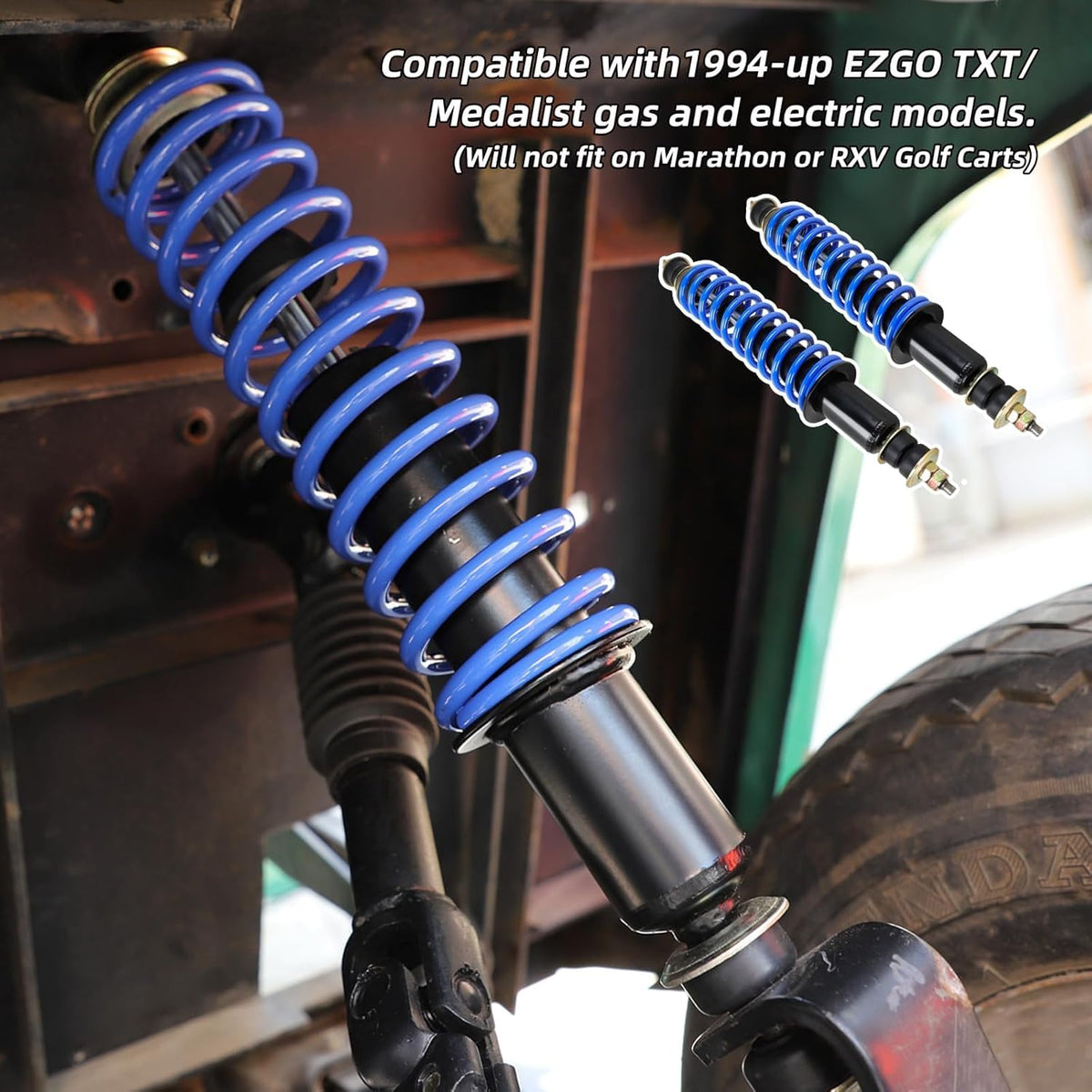 Roykaw shocks compatible with EZGO TXT Medalist 1994+ carts, front and rear.
