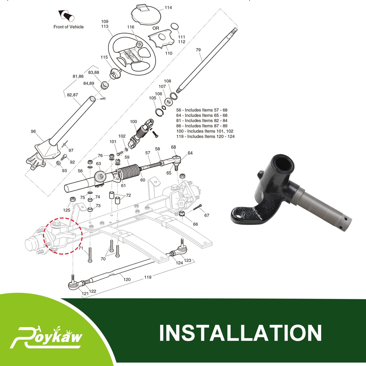 Roykaw EZGO TXT driver-side spindle with OEM-oriented design for easy swap.
