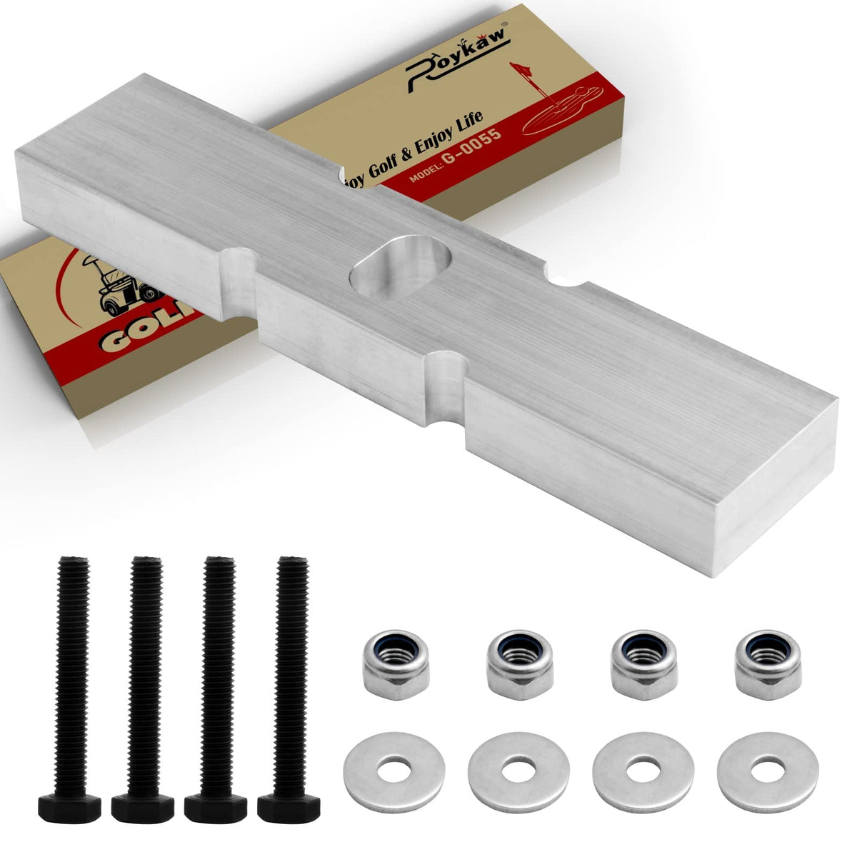Roykaw front-end lift block on Club Car DS enhances wheel clearance and fit.