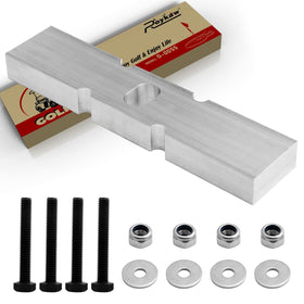 Roykaw front-end lift block on Club Car DS enhances wheel clearance and fit.