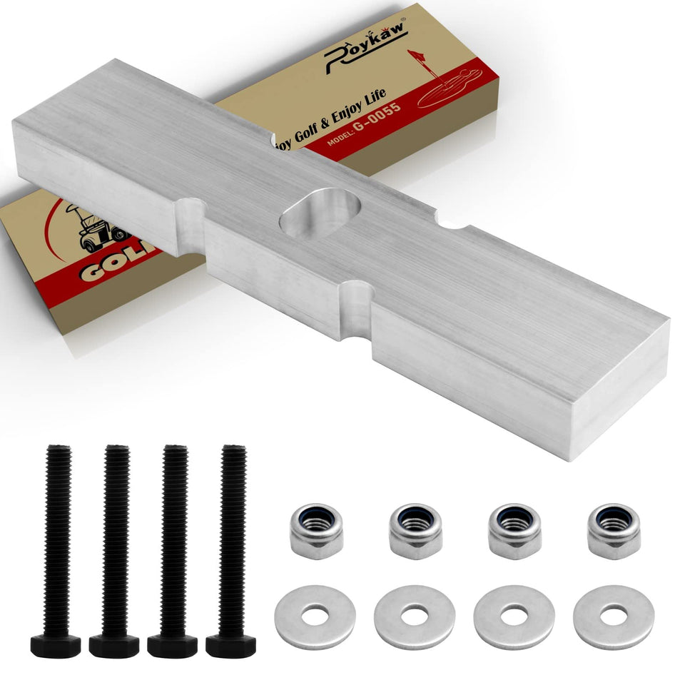 Roykaw front-end lift block on Club Car DS enhances wheel clearance and fit.