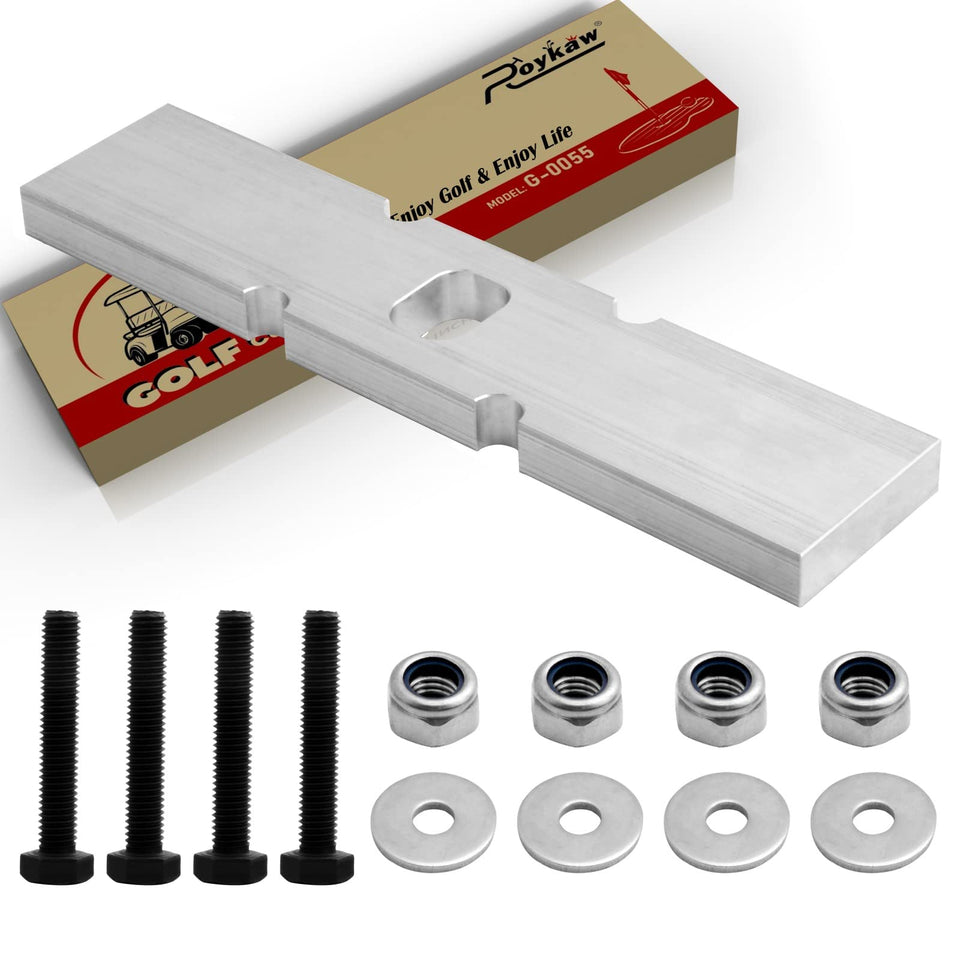 Roykaw front end lift block on Club Car Precedent improves front clearance for larger wheels.