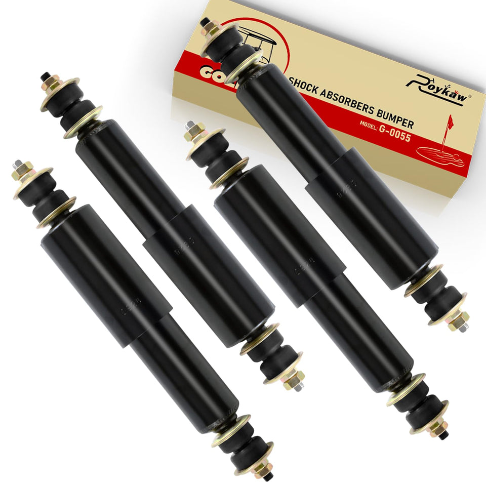 Roykaw front shock absorber for EZGO TXT on rough terrain improves stability.