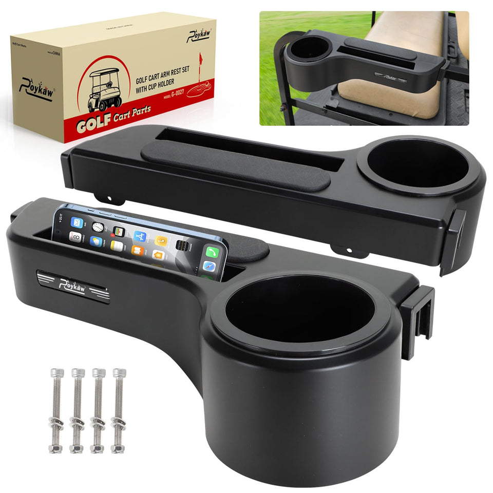 Roykaw golf cart armrest with cup holder mounted on EZGO frame for easy drink access.