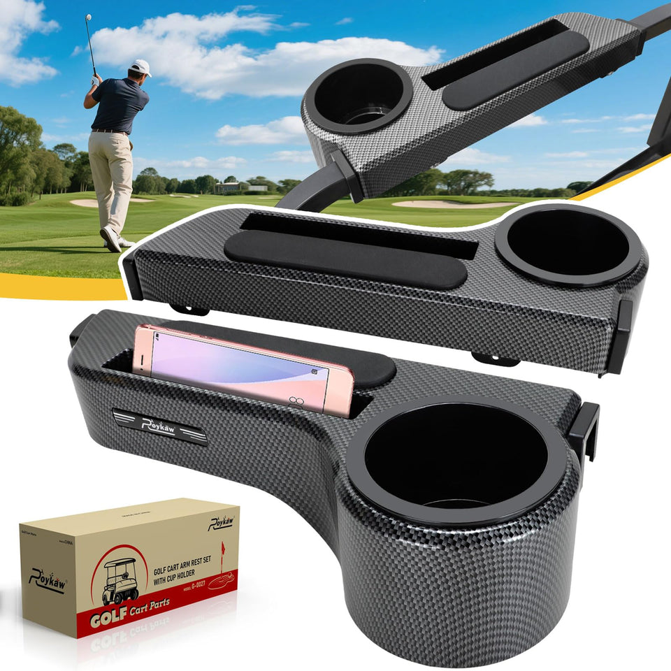 Roykaw golf cart armrest with cup holder for EZGO, secure drinks during rides.