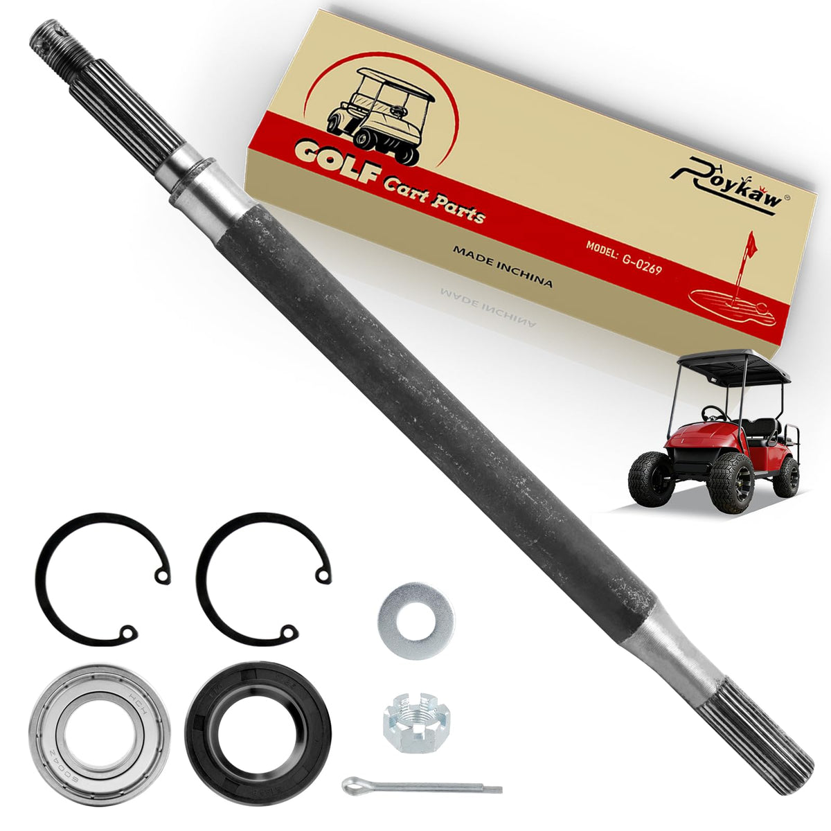 Roykaw rear axle shaft with bearing seal kit for EZGO ready for install.