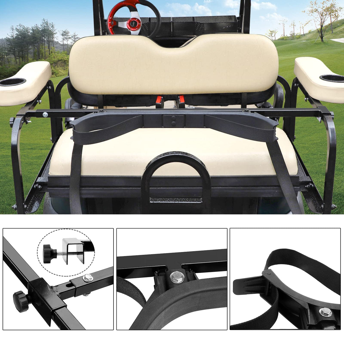Roykaw Club Car-compatible bracket prevents bag swing during play.