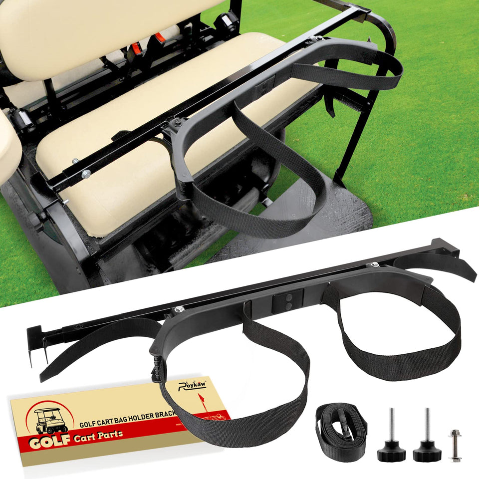 Roykaw rear-seat bracket secures a golf bag on most carts.