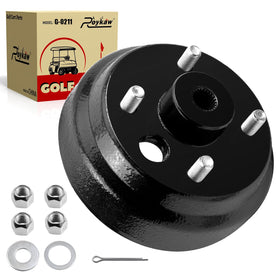 Roykaw brake drum hub front view shows EZGO TXT compatibility and robust design.
