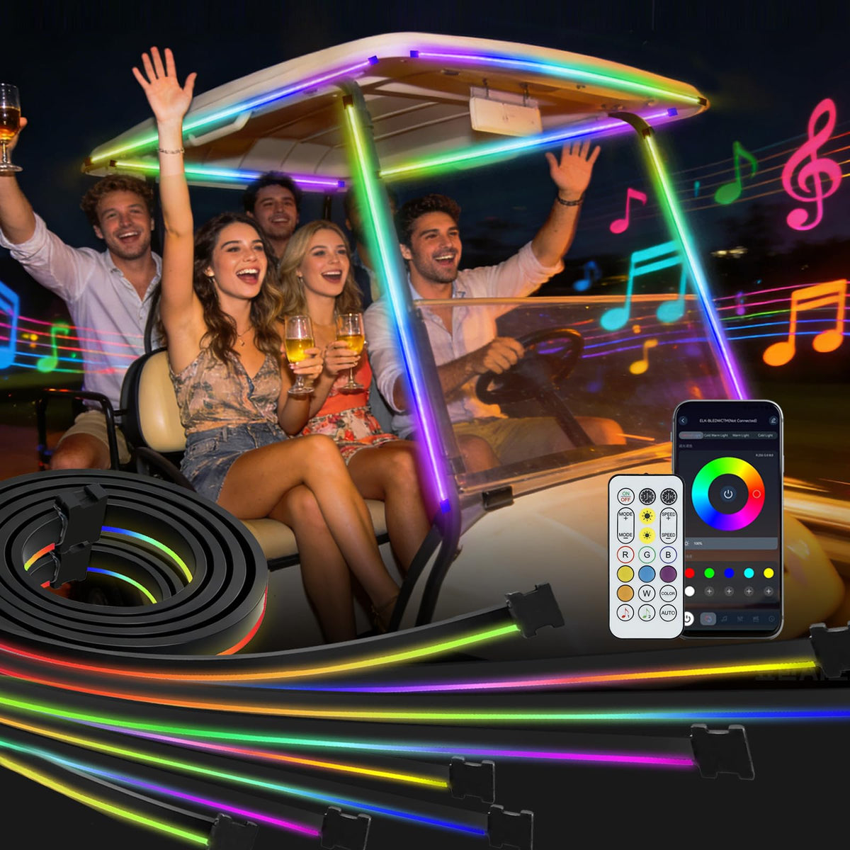 Roykaw golf cart canopy LED dream color strip for immersive night lighting