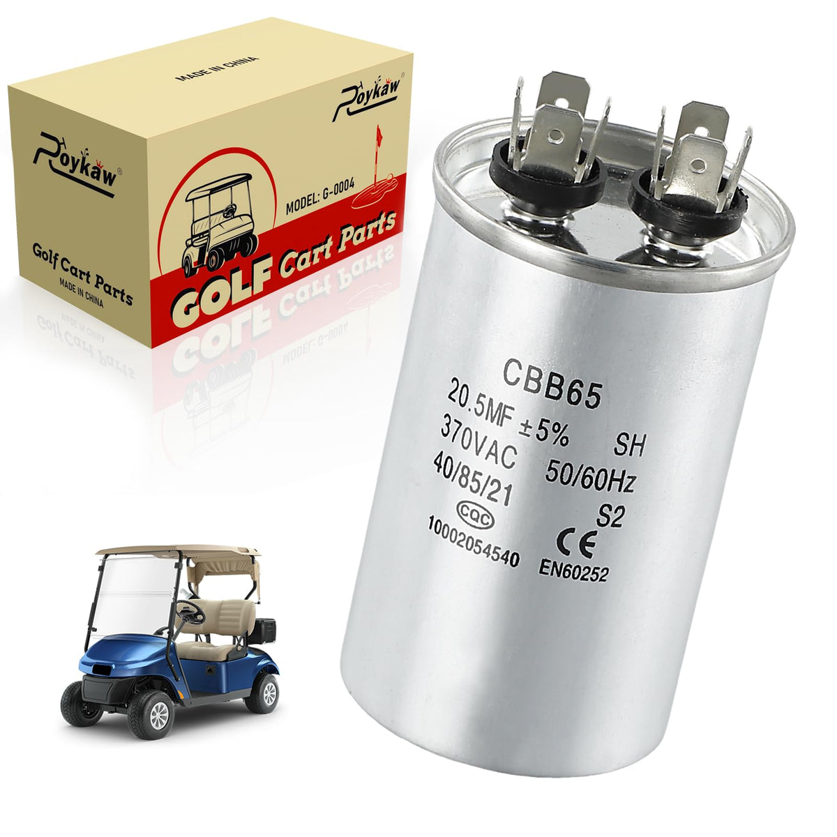 Roykaw golf cart capacitor for 36V systems, 20.5MFD 370VAC, EZGO compatibility, ideal replacement
